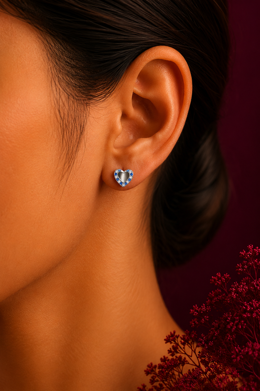 925 Sterling Silver Blue Stone Heart Stud Earrings