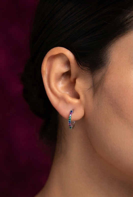 925 Sterling Silver Multicolor Stone Hoop Earrings