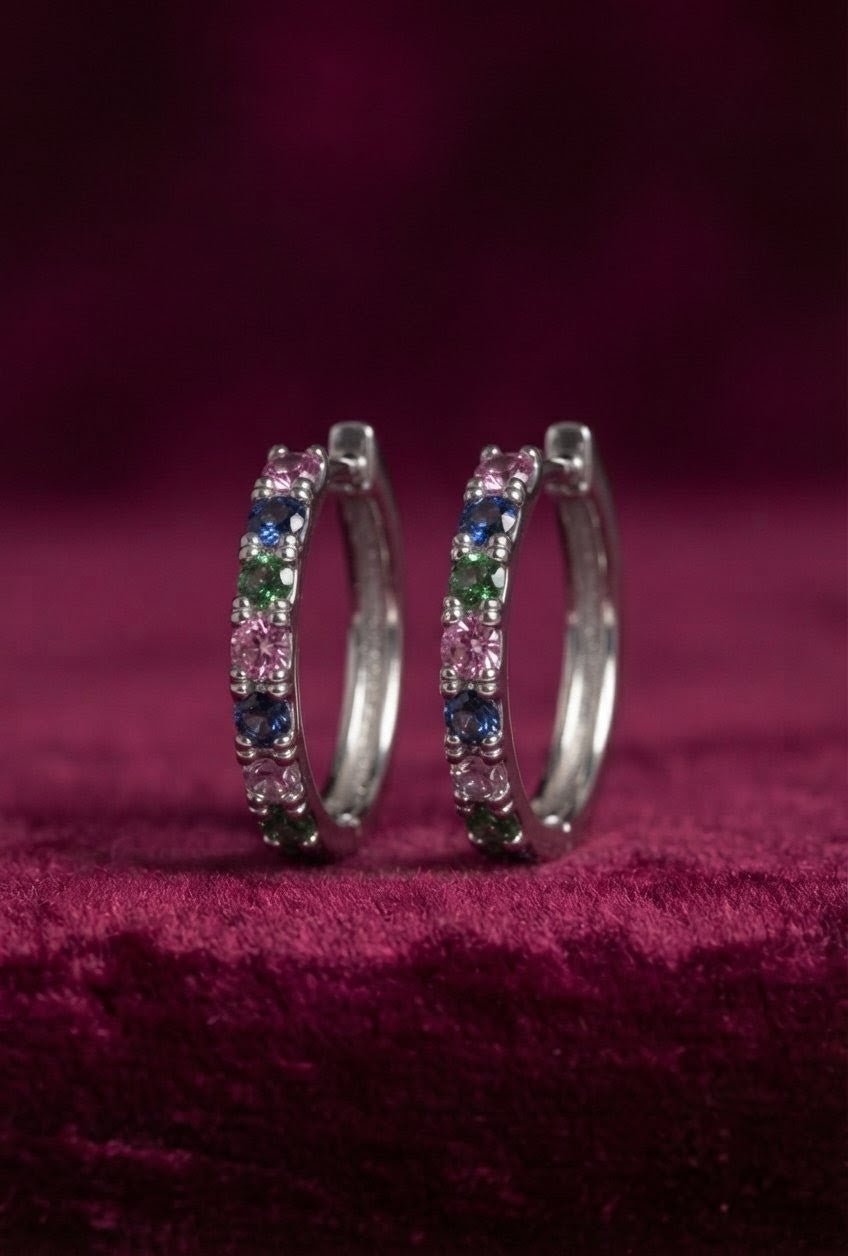 925 Sterling Silver Multicolor Stone Hoop Earrings