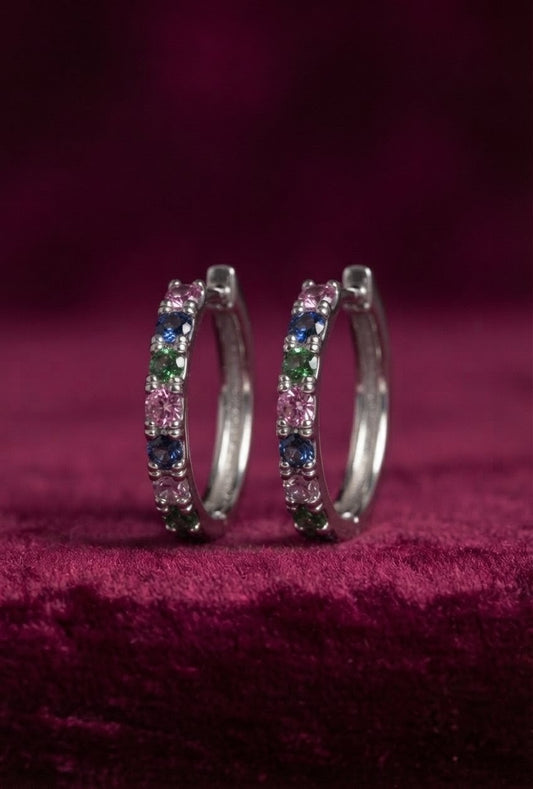 925 Sterling Silver Multicolor Stone Hoop Earrings
