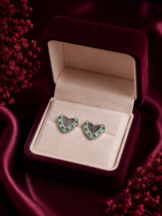 925 Sterling Silver Green Stone Heart Stud Earrings