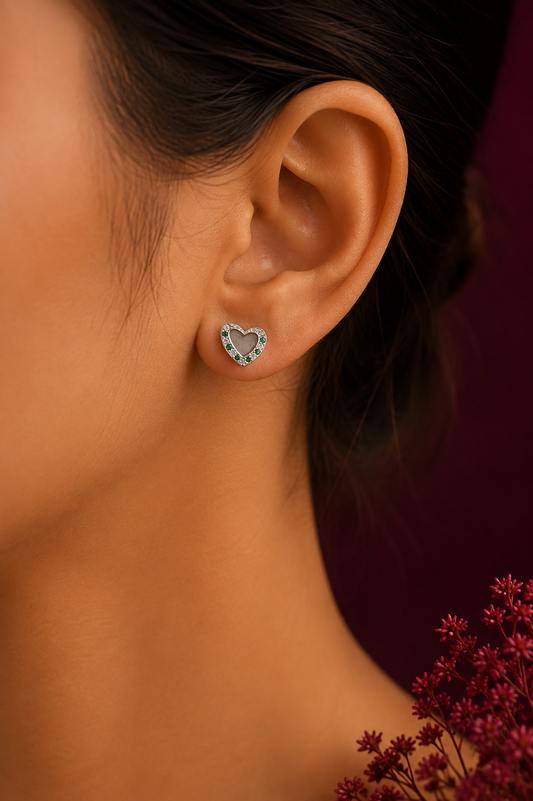 925 Sterling Silver Green Stone Heart Stud Earrings