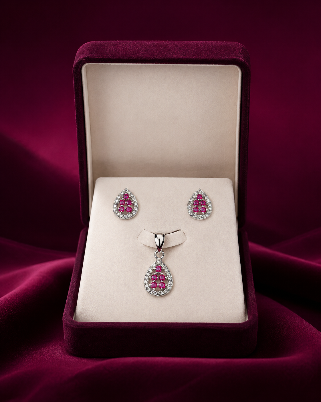925 Sterling Silver Pink Stone Pendant & Earrings Set