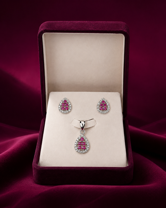 925 Sterling Silver Pink Stone Pendant & Earrings Set