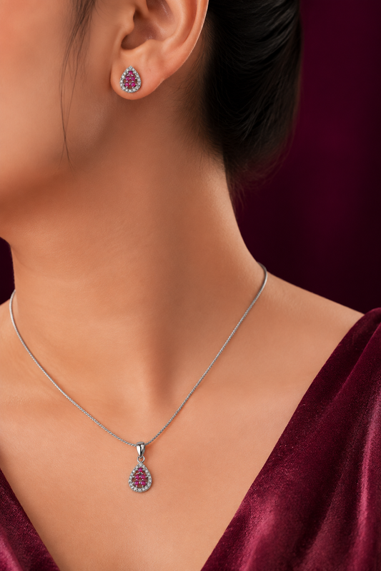 925 Sterling Silver Pink Stone Pendant & Earrings Set