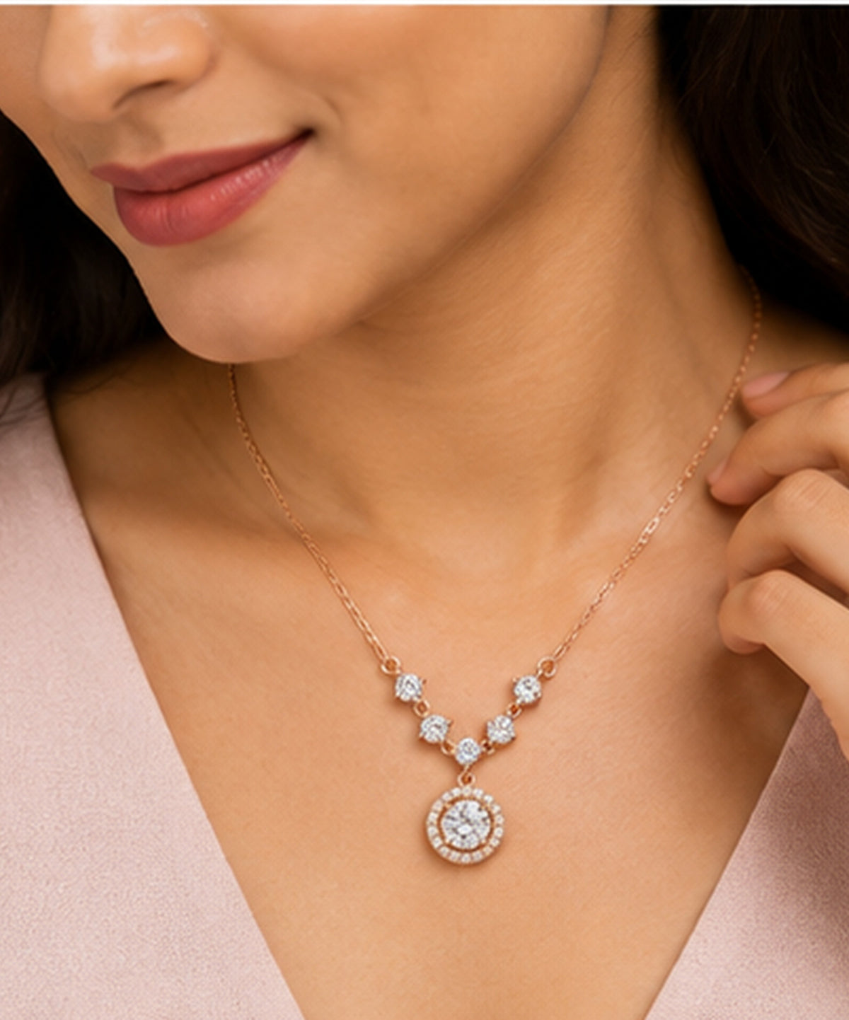 CZ Halo Pendant Necklace 925 Sterling Silver - worn by model