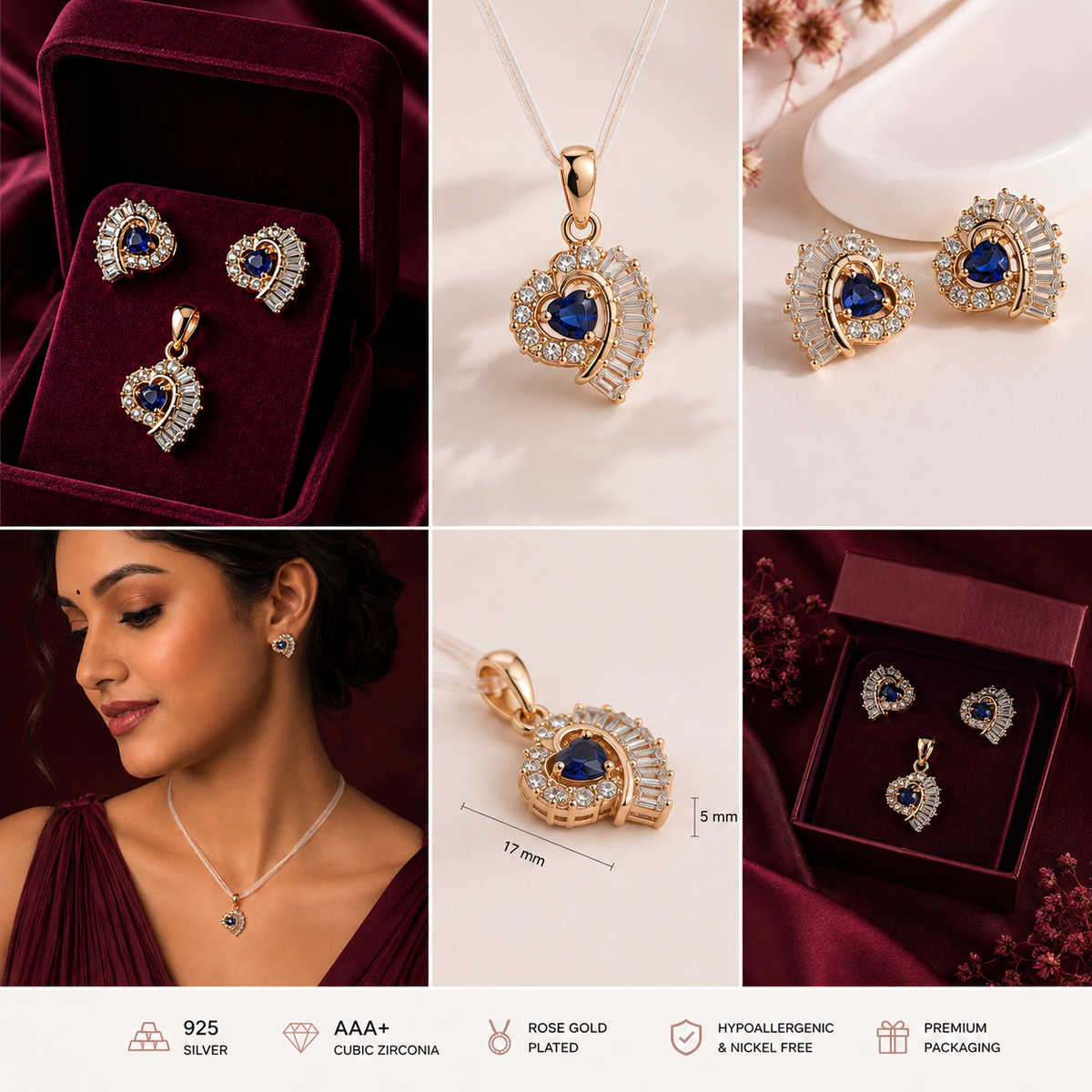 Blue Stone Floral Pendant Set - premium six-view product gallery