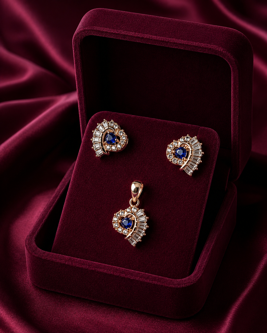 925 Sterling Silver Blue Stone Floral Pendant Set