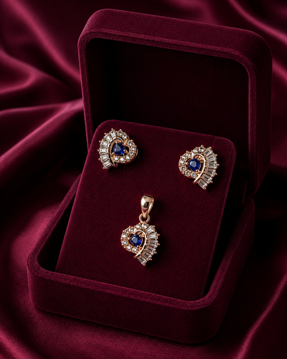 925 Sterling Silver Blue Stone Floral Pendant Set