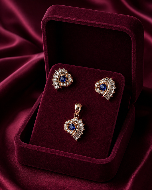 925 Sterling Silver Blue Stone Floral Pendant Set