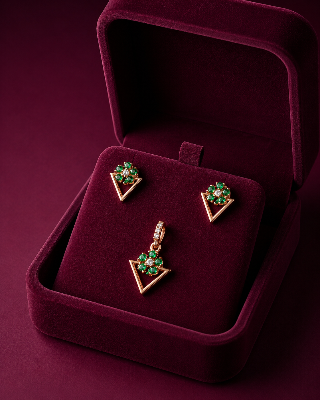 925 Sterling Silver Green Stone Triangle Pendant Set